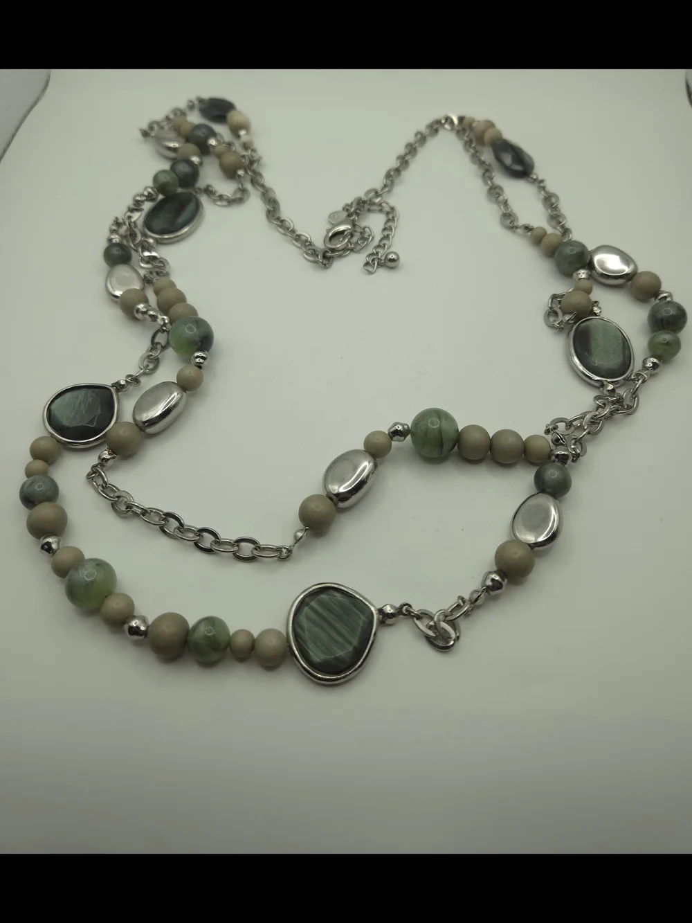 Chico's Green Labradorite Bead Multi-Strand Necklace Silver Accents Nature Fairy
